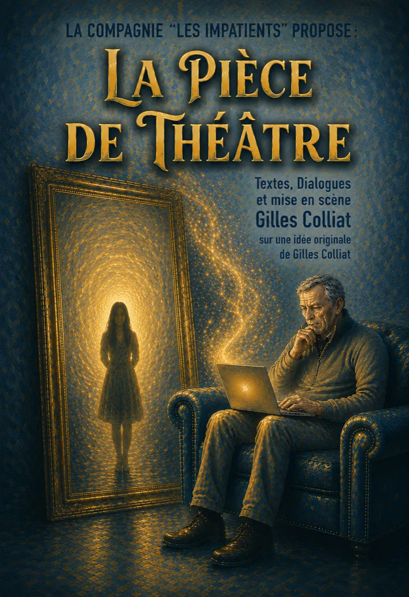 Affiche du spectacle La Pièce de Théâtre : un homme écrit sur ses genoux dans un fauteuil, face à un grand miroir doré d'où émerge une silhouette lumineuse