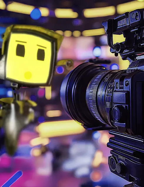 Une caméra de télévision braquée sur un petit robot dont la tête est un écran jaune, sur un plateau baigné de néons bleus et roses.